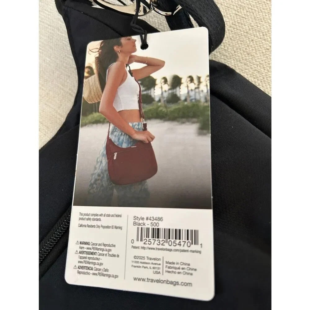 Travelon Anti-Theft Essentials East/West Small Hobo Bag, Black, NWT